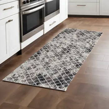 8' Gray and Ivory Abstract Runner Rug