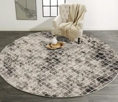 9' Ivory and Black Abstract Round Rug