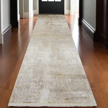 3' X 10' Taupe Ivory And Gold Abstract Runner Rug With Fringe