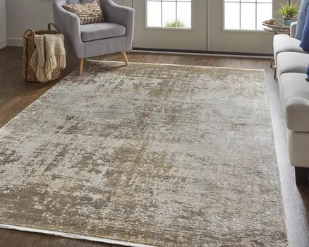 2' X 3' Gold and Ivory Abstract Non Skid Area Rug With Fringe