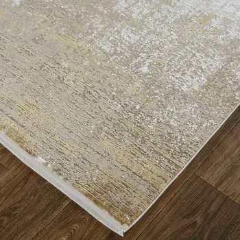 2' X 3' Gold and Ivory Abstract Non Skid Area Rug With Fringe