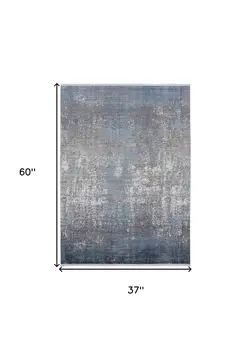 3' X 5' Blue and Gray Abstract Power Loom Distressed Area Rug With Fringe