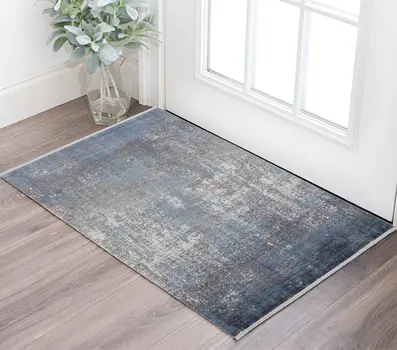 3' X 5' Blue and Gray Abstract Power Loom Distressed Area Rug With Fringe