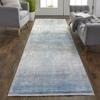 10' Blue and Gray Abstract Power Loom Distressed Runner Rug With Fringe
