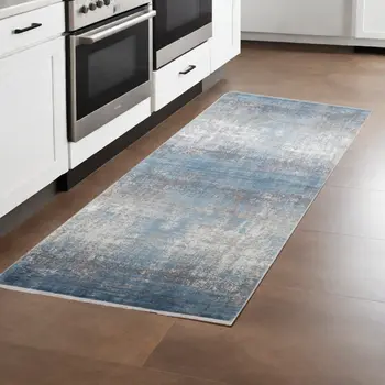 10' Blue and Gray Abstract Power Loom Distressed Runner Rug With Fringe