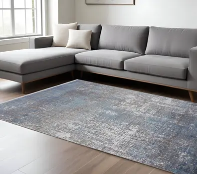 13' X 20' Blue And Gray Abstract Distressed Area Rug