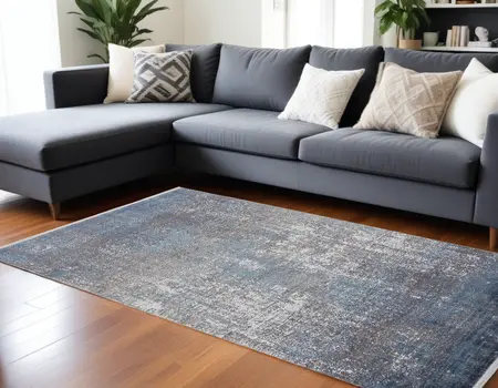 12' X 15' Blue Gray And Silver Abstract Power Loom Distressed Area Rug With Fringe