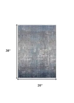 2' X 3' Blue and Gray Abstract Power Loom Distressed Area Rug With Fringe