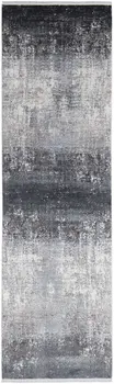 10' Gray and Black Abstract Power Loom Distressed Runner Rug With Fringe