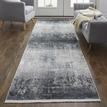 10' Gray and Black Abstract Power Loom Distressed Runner Rug With Fringe