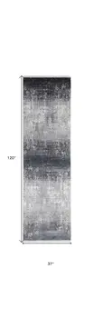 10' Gray and Black Abstract Power Loom Distressed Runner Rug With Fringe