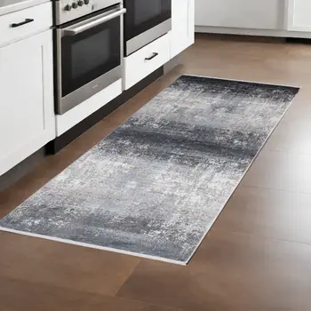 10' Gray and Black Abstract Power Loom Distressed Runner Rug With Fringe