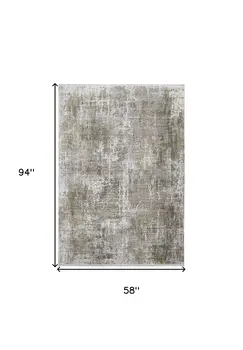 5' X 8' Green Gray And Ivory Abstract Area Rug With Fringe