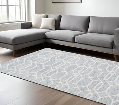 8' X 10' Blue and Ivory Wool Geometric Hand Tufted Area Rug