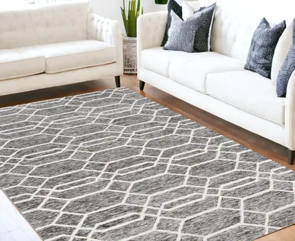 5' X 8' Gray Black And Ivory Wool Geometric Tufted Handmade Stain Resistant Area Rug