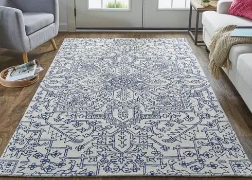 2' X 3' Ivory And Navy Wool Floral Tufted Handmade Stain Resistant Area Rug