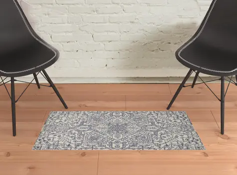 2' X 3' Ivory And Navy Wool Floral Tufted Handmade Stain Resistant Area Rug