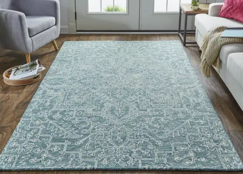 5' X 8' Blue Ivory And Green Wool Floral Tufted Handmade Stain Resistant Area Rug