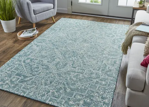 2' X 3' Blue Ivory And Green Wool Floral Tufted Handmade Stain Resistant Area Rug