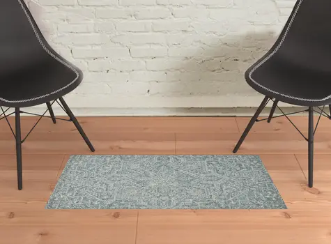 2' X 3' Blue Ivory And Green Wool Floral Tufted Handmade Stain Resistant Area Rug