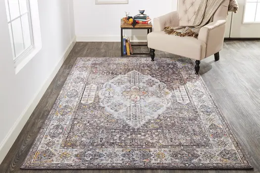2' X 3' Gray Blue And Gold Floral Stain Resistant Area Rug