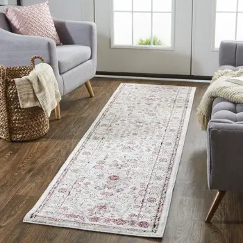 8' Pink And Ivory Floral Runner Rug