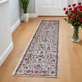 8' Pink And Ivory Floral Runner Rug