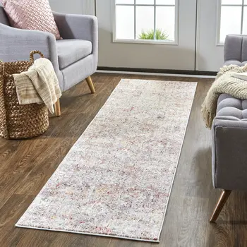 8' Pink And Ivory Abstract Runner Rug