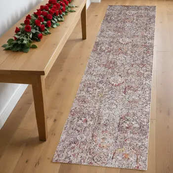 8' Pink And Ivory Abstract Runner Rug
