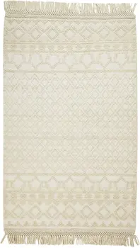 5' X 8' Ivory Wool Geometric Hand Woven Area Rug With Fringe