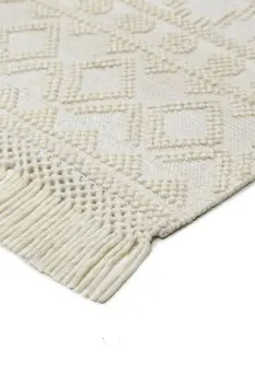 5' X 8' Ivory Wool Geometric Hand Woven Area Rug With Fringe