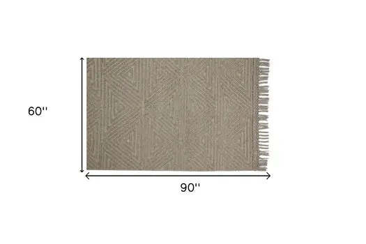 5' X 8' Tan And Ivory Wool Geometric Hand Woven Area Rug With Fringe