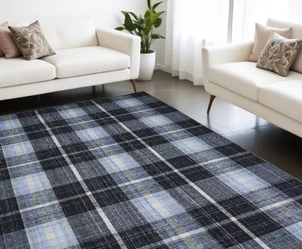 8' X 10' Black Blue And White Abstract Hand Woven Stain Resistant Area Rug