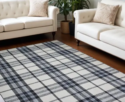 8' X 10' Ivory Blue And Black Abstract Hand Woven Stain Resistant Area Rug