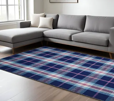 8' X 10' Blue and Pink Abstract Hand Woven Area Rug