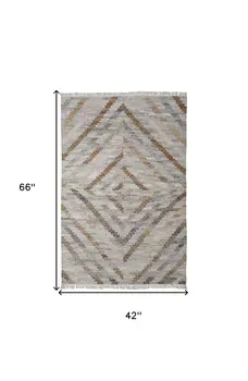 4' X 6' Gray and Ivory Geometric Hand Woven Area Rug With Fringe