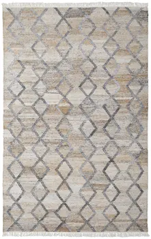 10' X 13' Gray Ivory And Tan Geometric Hand Woven Stain Resistant Area Rug With Fringe
