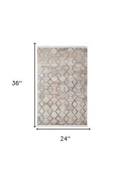 2' X 3' Gray Ivory And Tan Geometric Hand Woven Stain Resistant Area Rug With Fringe