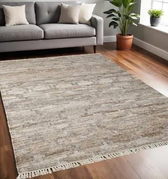 5' X 8' Tan and Gray Geometric Hand Woven Area Rug With Fringe