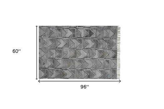 5' X 8' Gray Geometric Hand Woven Area Rug With Fringe