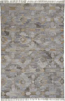 5' X 8' Gray and Blue Geometric Hand Woven Area Rug With Fringe