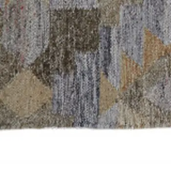 2' X 3' Taupe Gray And Blue Geometric Hand Woven Stain Resistant Area Rug With Fringe