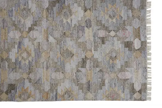 2' X 3' Taupe Gray And Blue Geometric Hand Woven Stain Resistant Area Rug With Fringe