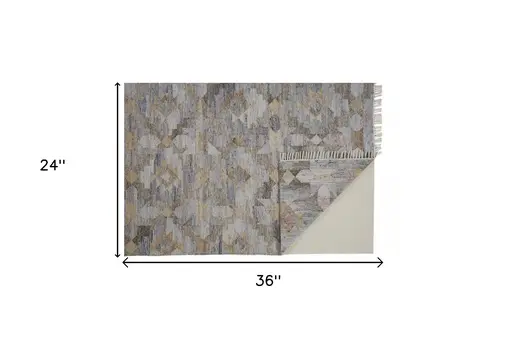 2' X 3' Taupe Gray And Blue Geometric Hand Woven Stain Resistant Area Rug With Fringe