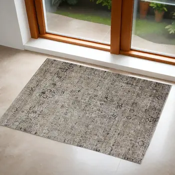 2' X 3' Taupe Ivory And Gray Abstract Distressed Area Rug With Fringe