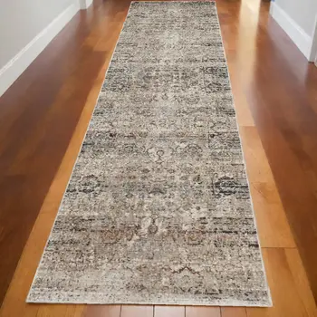 10' Taupe Ivory And Gray Abstract Distressed Runner Rug With Fringe