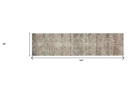 12' Taupe Ivory And Gray Abstract Distressed Runner Rug With Fringe