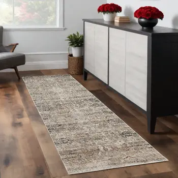 8' Taupe Ivory And Gray Abstract Distressed Runner Rug With Fringe