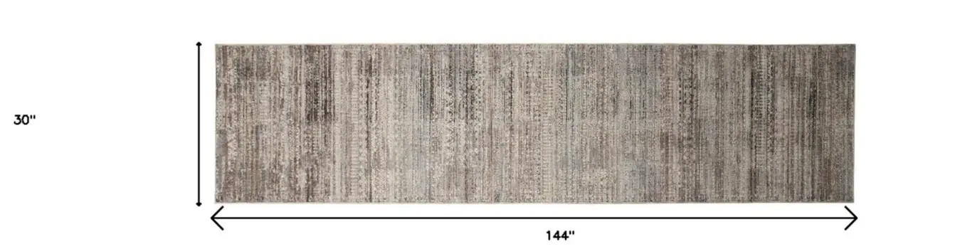 12' Ivory Gray And Black Abstract Distressed Runner Rug With Fringe