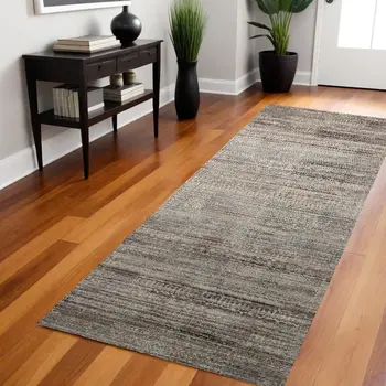 8' Ivory Gray And Black Abstract Distressed Runner Rug With Fringe